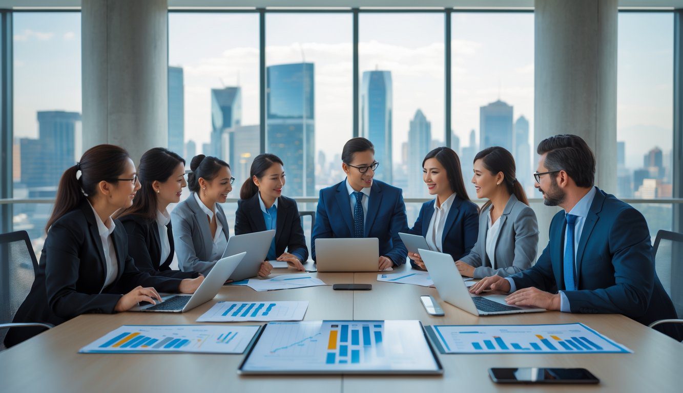 Holding: Cos'è, Come Funziona, Tipologie, Costituzione, Struttura, Gestione, Tassazione, Vantaggi e Svantaggi (2026) 6 Persone in abbigliamento formale riunite attorno a un tavolo da conferenza in un ufficio moderno, impegnate in una discussione strategica.