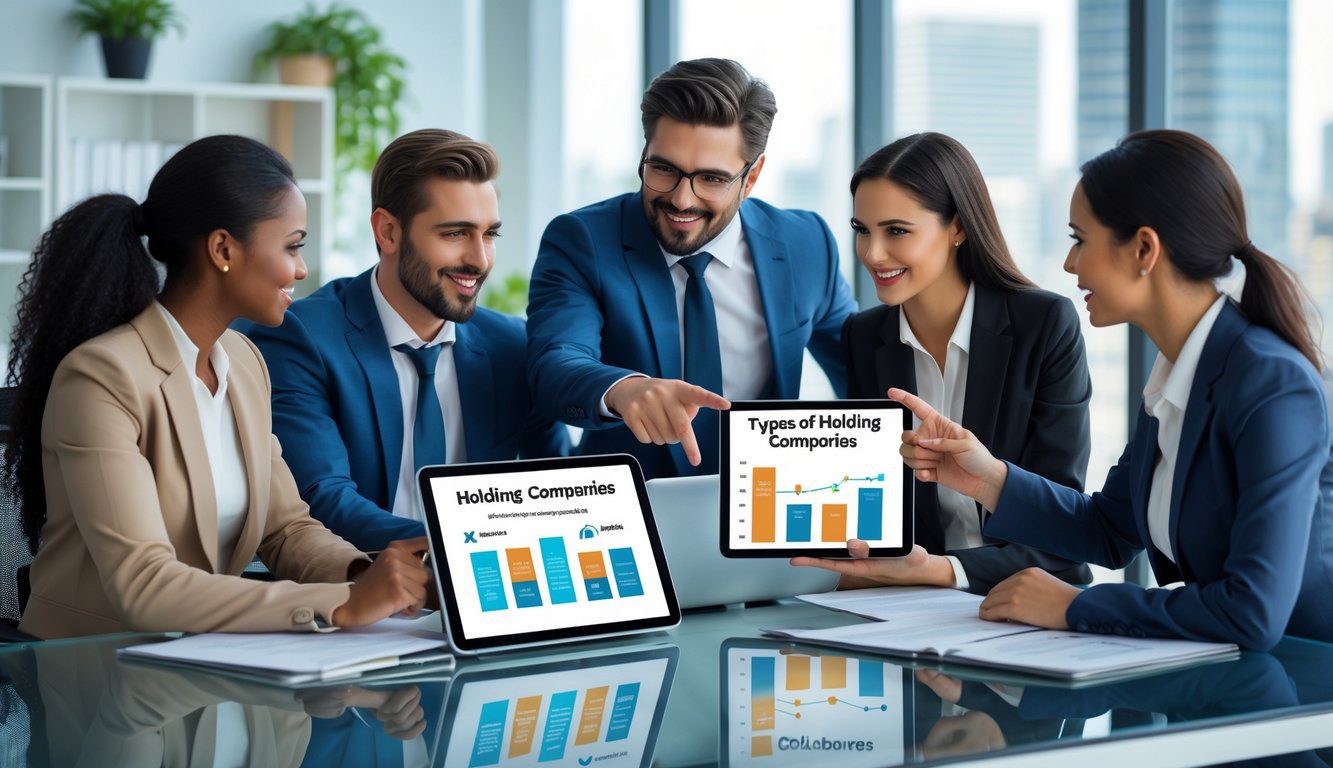 Tipologie Di Holding: Quali Sono, Quante Sono e Quale Scegliere? (2026) 4 Quattro professionisti in ufficio moderno discutono intorno a un tavolo con dispositivi digitali che mostrano grafici e diagrammi.