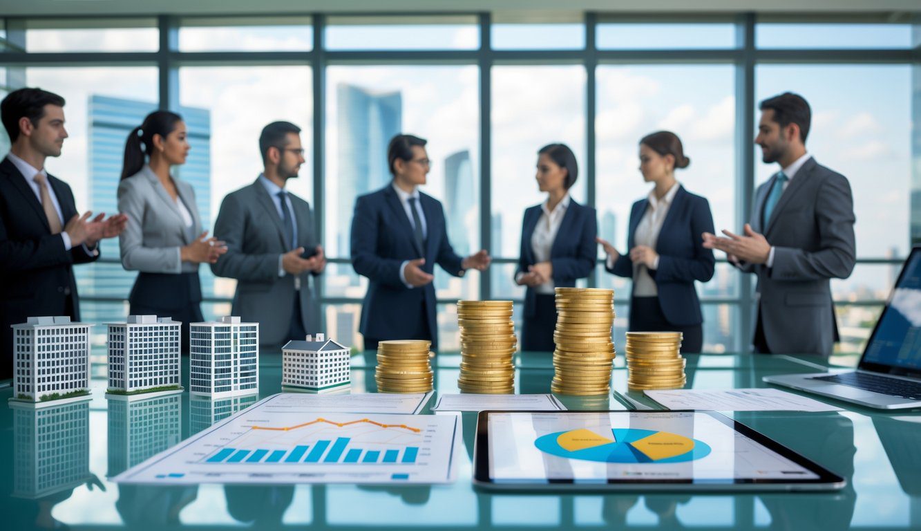 Holding: Cos'è, Come Funziona, Tipologie, Costituzione, Struttura, Gestione, Tassazione, Vantaggi e Svantaggi (2026) 7 Persone d'affari in ufficio moderno che discutono attorno a un tavolo con modelli di edifici, documenti e dispositivi digitali che rappresentano attività e asset di una holding.