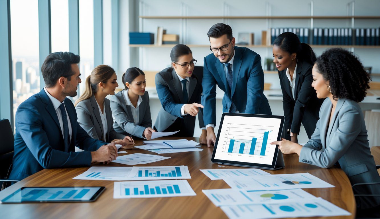 Tipologie Di Holding: Quali Sono, Quante Sono e Quale Scegliere? (2026) 5 Un gruppo di professionisti in ufficio che discutono insieme attorno a un tavolo con documenti e dispositivi digitali.