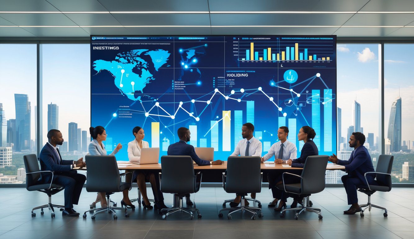 Tipologie Di Holding: Quali Sono, Quante Sono e Quale Scegliere? (2026) 6 Persone in abiti da lavoro sedute attorno a un tavolo di conferenza in un ufficio moderno, con grafici finanziari e dati sullo sfondo.