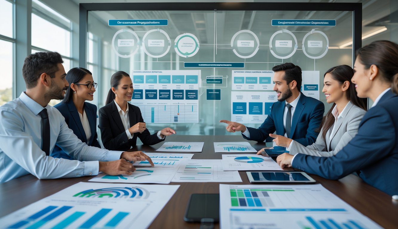 Tipologie Di Holding: Quali Sono, Quante Sono e Quale Scegliere? (2026) 7 Un gruppo di professionisti in abiti formali riuniti attorno a un tavolo da conferenza che discutono e analizzano diagrammi aziendali su documenti e dispositivi digitali in un ufficio moderno con luce naturale.