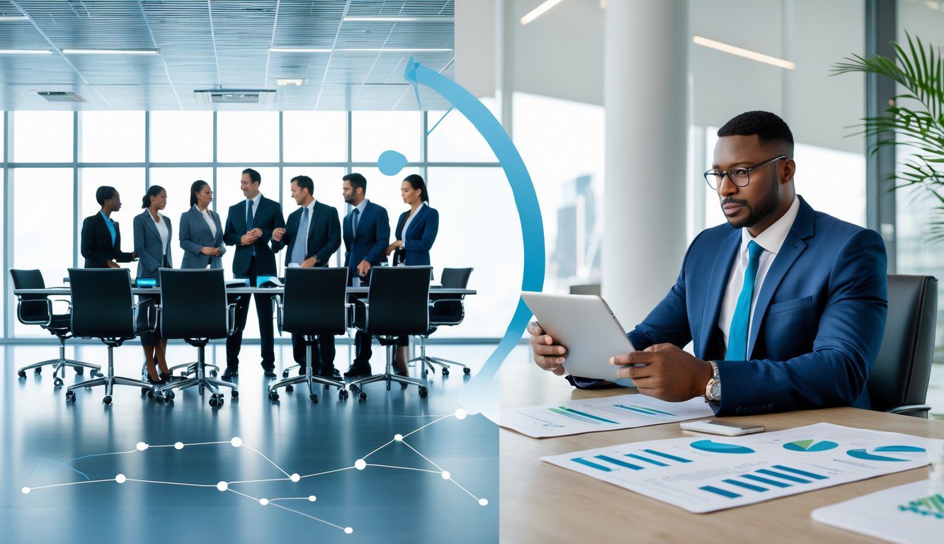 Holding: Cos'è, Come Funziona, Tipologie, Costituzione, Struttura, Gestione, Tassazione, Vantaggi e Svantaggi (2026) 10 Due ambienti d'ufficio con professionisti che rappresentano un gruppo aziendale e un dirigente che rappresenta una holding, con elementi che mostrano la loro connessione e differenze.