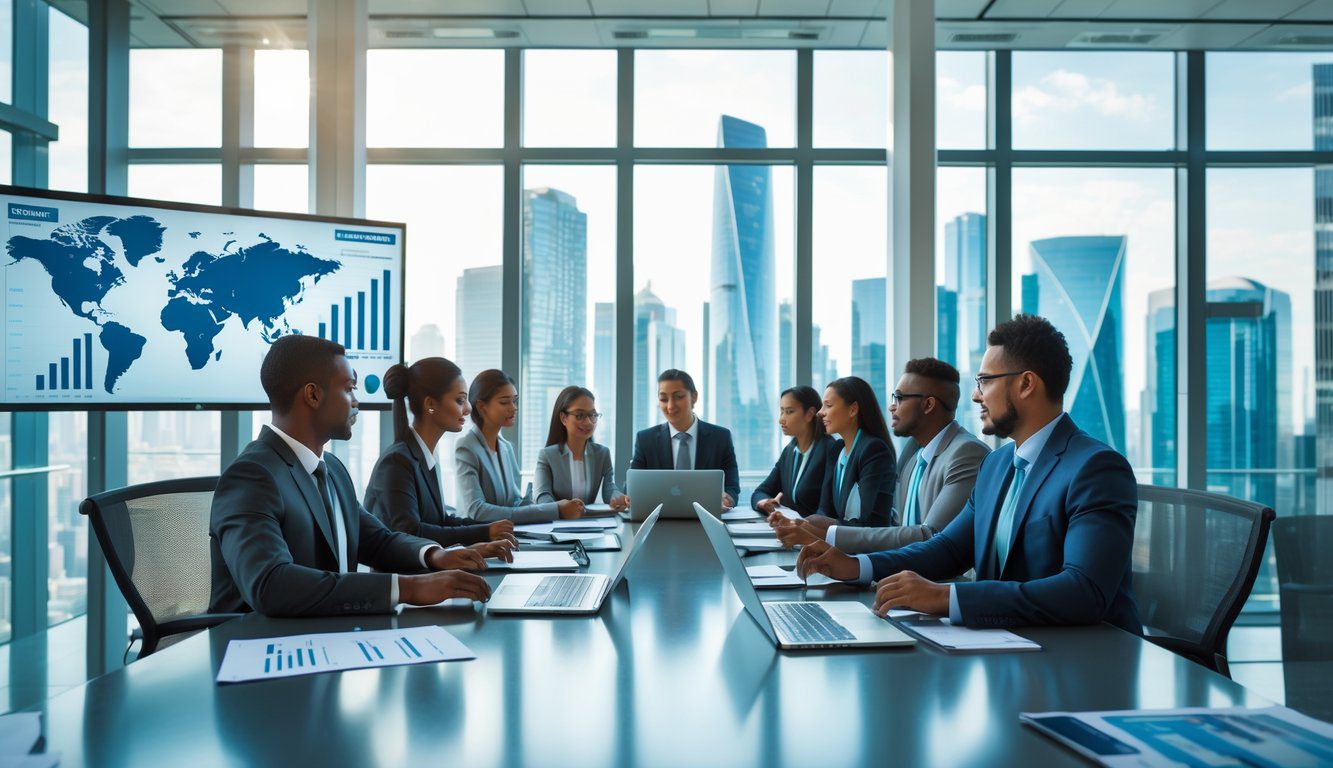 Holding: Cos'è, Come Funziona, Tipologie, Costituzione, Struttura, Gestione, Tassazione, Vantaggi e Svantaggi (2026) 11 Persone d'affari riunite in una sala conferenze moderna con vista sulla città, che discutono di affari.