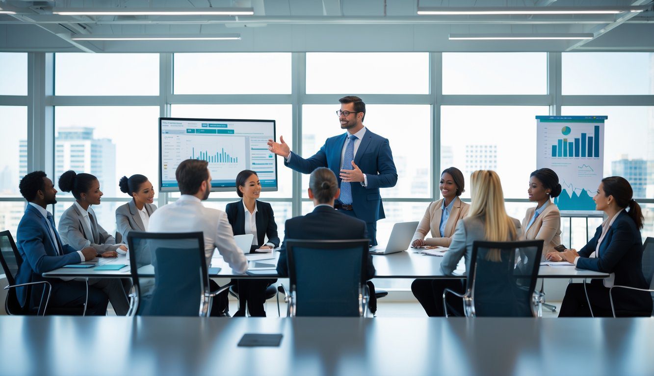 Tipologie Di Holding: Quali Sono, Quante Sono e Quale Scegliere? (2026) 8 Gruppo di professionisti in una riunione aziendale in un ufficio moderno con vista sulla città, mentre un leader presenta informazioni ai colleghi seduti attorno a un tavolo.