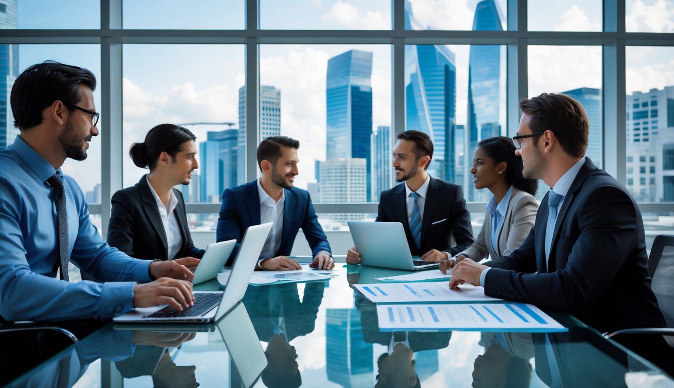 Holding: Cos'è, Come Funziona, Tipologie, Costituzione, Struttura, Gestione, Tassazione, Vantaggi e Svantaggi (2026) 12 Un gruppo di professionisti in abiti formali riuniti attorno a un tavolo in un ufficio moderno con vista su una città con grattacieli.