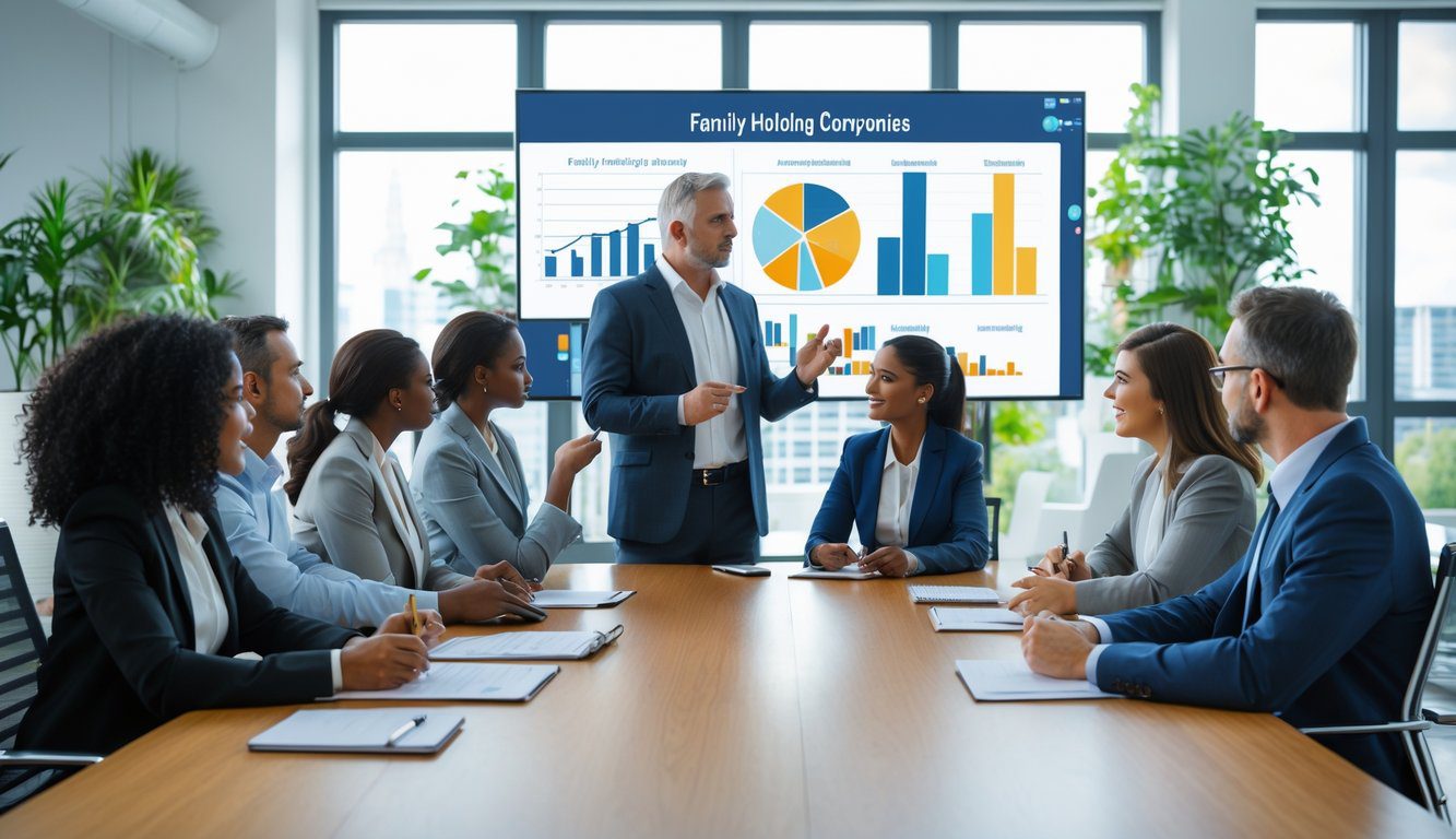 Tipologie Di Holding: Quali Sono, Quante Sono e Quale Scegliere? (2026) 9 Un gruppo di professionisti in una sala riunioni che discutono insieme attorno a un tavolo in un ufficio moderno.