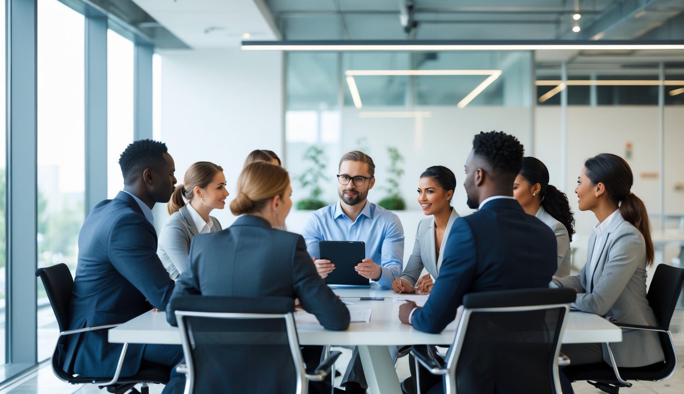 Holding: Cos'è, Come Funziona, Tipologie, Costituzione, Struttura, Gestione, Tassazione, Vantaggi e Svantaggi (2026) 13 Un gruppo di professionisti in abiti da lavoro che discutono insieme attorno a un tavolo in un ufficio moderno e luminoso.