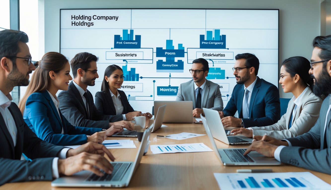 Tipologie Di Holding: Quali Sono, Quante Sono e Quale Scegliere? (2026) 10 Un gruppo di professionisti in ufficio che discutono e collaborano attorno a un tavolo con documenti e laptop, mentre sullo sfondo si vedono grafici astratti che rappresentano strutture aziendali.