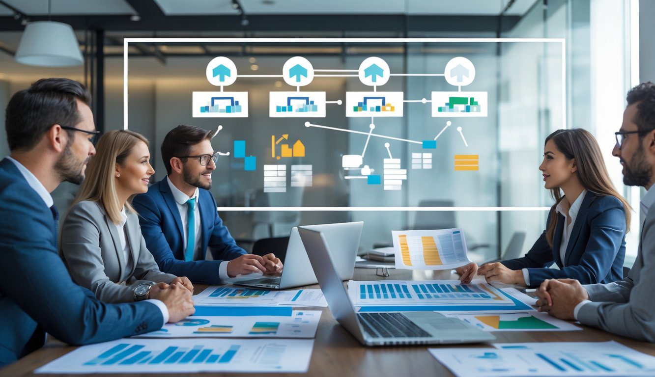 Tipologie Di Holding: Quali Sono, Quante Sono e Quale Scegliere? (2026) 11 Persone in ufficio che discutono di diverse strutture societarie con grafici e documenti su un tavolo.