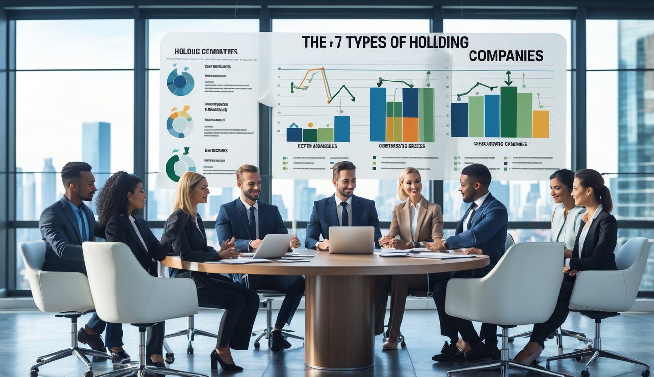 Tipologie Di Holding: Quali Sono, Quante Sono e Quale Scegliere? (2026) 12 Un gruppo di professionisti in una riunione in un ufficio moderno con vista sulla città, con grafici e documenti sul tavolo.