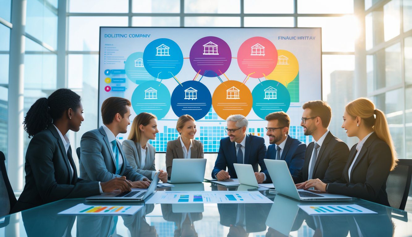 Tipologie Di Holding: Quali Sono, Quante Sono e Quale Scegliere? (2026) 13 Persone d'affari che collaborano in un ufficio moderno con grafici e dispositivi digitali su un tavolo.