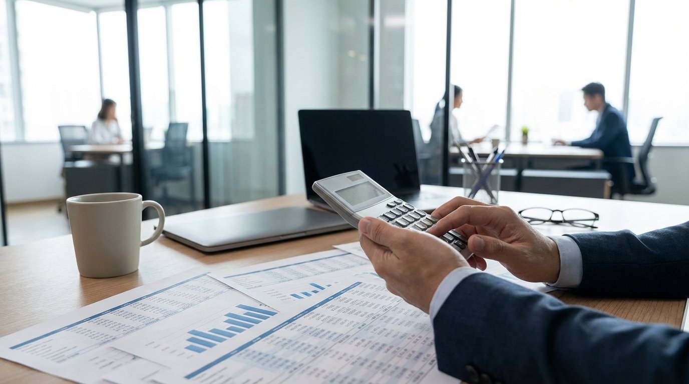 Mani che usano una calcolatrice e esaminano documenti finanziari su una scrivania in un ufficio moderno.